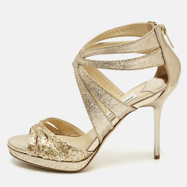 Jimmy Choo Size 35.5 Gold Glitter and Leather Ankle Strap Sandals