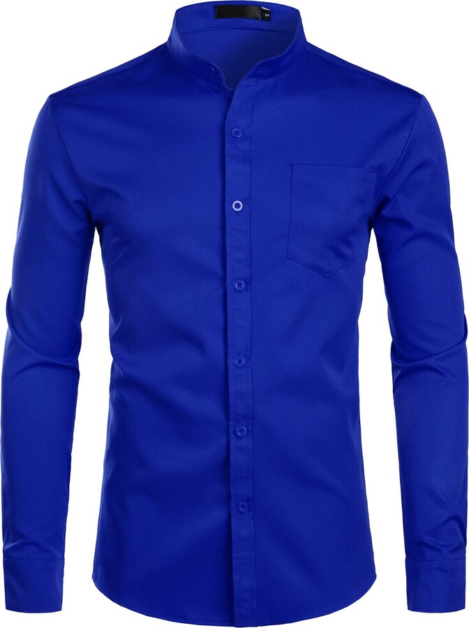 Pocket Royal Blue Mens Button Up Shirt PARKLEES Men's Grandad