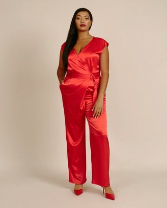 Sally LaPointe Stretch Crinkle Satin Wrap D-Ring Jumpsuit
