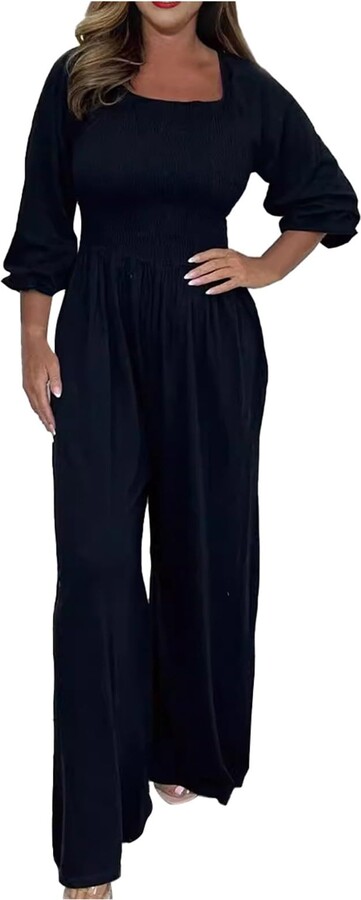 Generic Women's Casual Elastic Waist Sleeve Drape Wide Leg Jumpsuit Jumpsuits for Women Party Sexy (Blue-1
