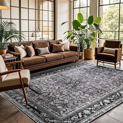 Vintage Black Area Rugs 5X7, 5 X 7 Retro Washable Rug Non Slip, Low-Pile Faux Wool Carpet, Soft Distressed Floor Mat For Living Room, Bedroom, Kitchen