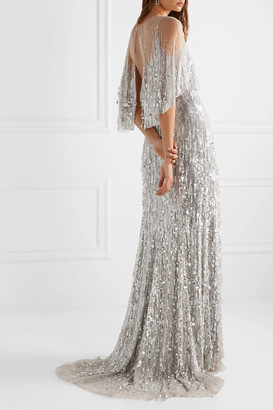 Monique Lhuillier Layered Embellished Tulle Gown - Silver