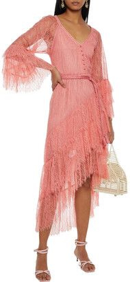 Alice + Olivia Onica Asymmetric Tiered Belted Corded Lace Dress