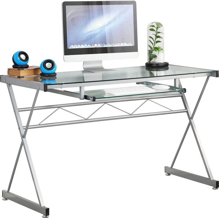 Soges Computer Desk 47.2inch Glass Desk Workstation Office Desk with Pullout Keyboard Tray