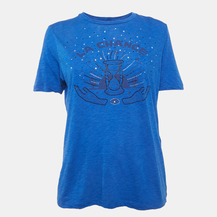 Maje Blue Rhinestone Detail Jersey T-Shirt L