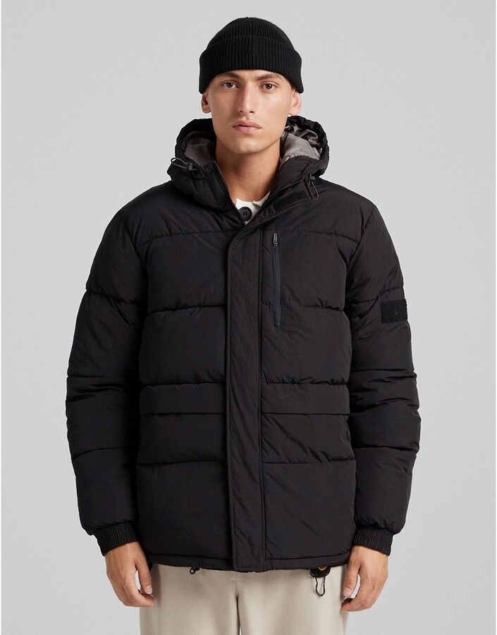 Bershka hooded puffer jacket in black - ShopStyle