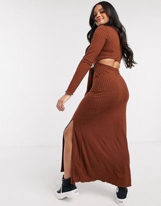 Stradivarius belted knit dress with split detail in brown