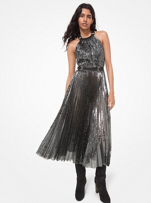 Michael Kors Leather Trim Sequined Tulle Dress