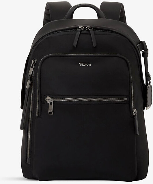 Tumi Womens Black/Gunmetal Halsey Zip-Pocket Branded Nylon Backpack