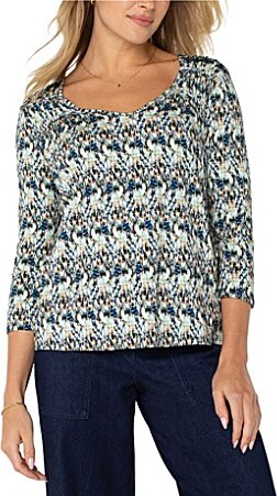 Liverpool Los Angeles Printed Jersey V-Neck 34 Sleeve Shirred Top
