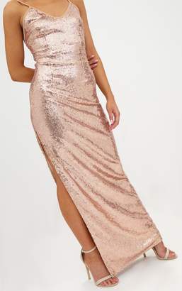 PrettyLittleThing Petite Rose Gold Side Split Sequin Maxi Dress