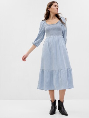 Gap Puff Sleeve Smocked Denim Midi Dress with Washwell
