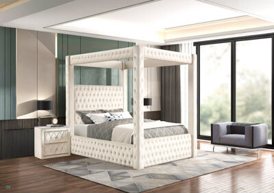 Rosdorf Park 1Pc Majestic Canopy Four-Poster King Bed Tufted Headboard And Footboard Rich Velvet Fabric Bedroom Furniture Modern