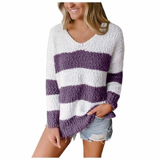 YEBIRAL Sweater Women Pullover Jumper Casual Long Sleeve Stripe Colour Stitching V Neck Loose Plush Tops Purple