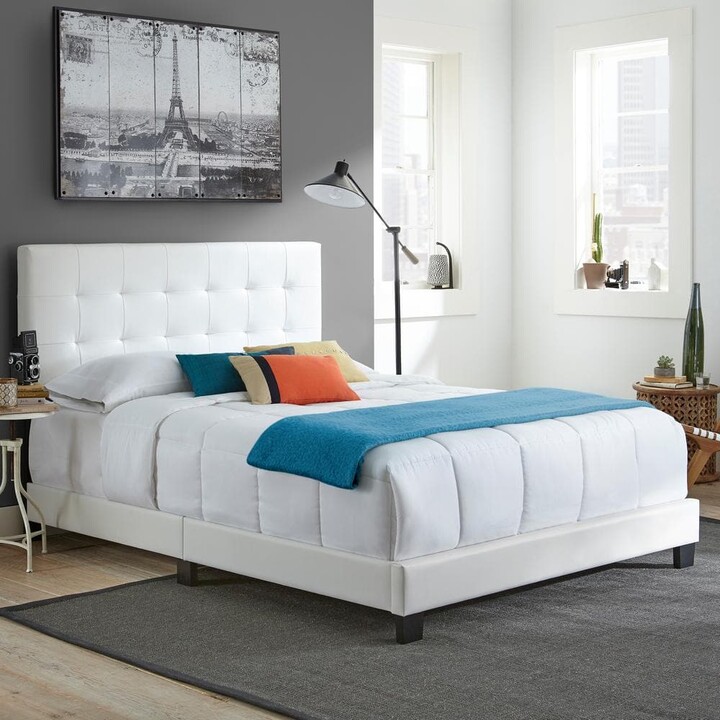 Boyd Sleep Roma Upholstered Tufted Faux Leather Platform Bed with Bonus Base Wooden Slat System, Queen, White