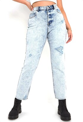 Simply Be Women’s Demi Acid Bleach Distressed Mom Jeans | Ladies High Waisted Mom Jeans for Women | Classic Casual Cotton Stretch Bottoms | Plus Size Curve | Size 12-32 Mid Blue