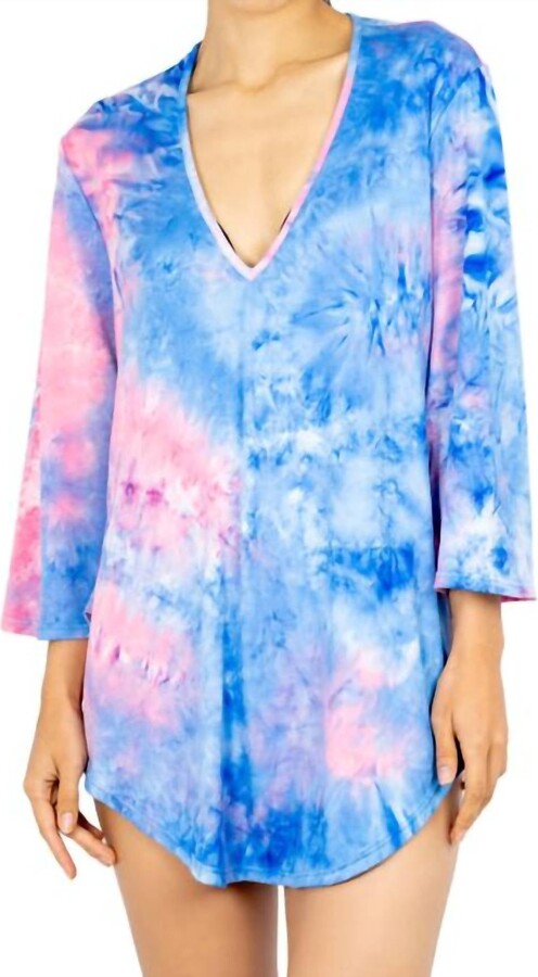 Jordan Taylor V-Neck Bell Sleeve Tunic Top In Pink / Blue