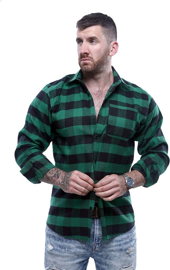 MUSCLE GYM Men's Long Sleeve Slight Oversized Casual Plaid Flannel Shirt  S-3XL (Green Long Sleeve - ShopStyle