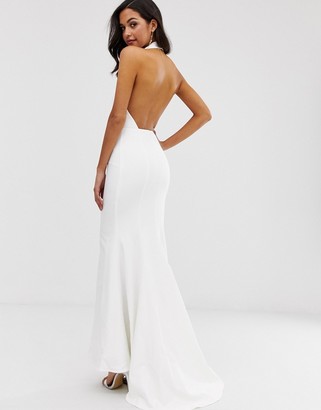 Jarlo extreme plunge front maxi dress with drop back in white