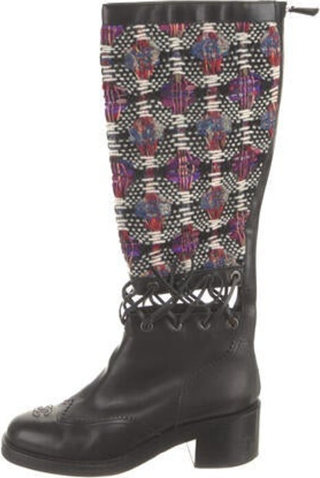 CHANEL Women's Chain CC Cap Toe Lace-Up Mid Calf Boots Quilted