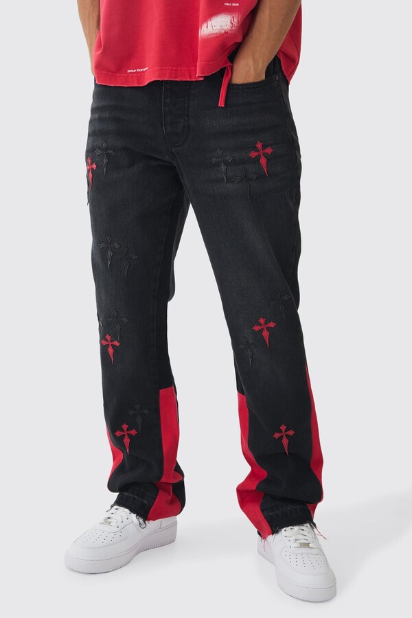 boohoo Mens Black Slim Rigid Flare Cross Pu Applique Washed Jeans