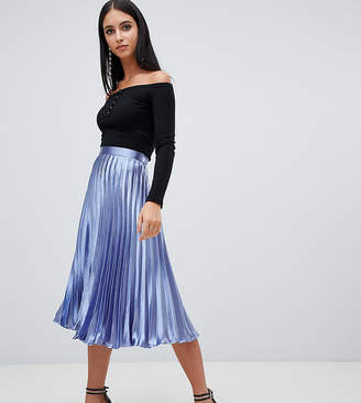 Missguided hammered satin pleated midi skirt in blue