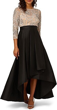 Beaded Boat Neck 34 Sleeve Taffeta Hi Low Skirt Gown