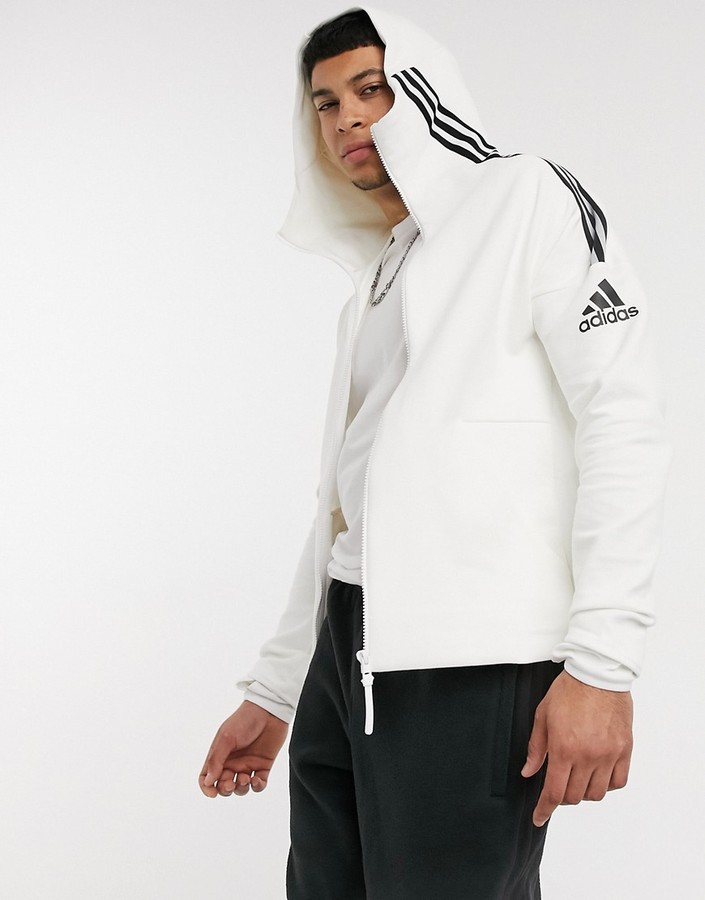 adidas ZNE 3 stripe zip thru hoodie in white - ShopStyle Activewear Jackets