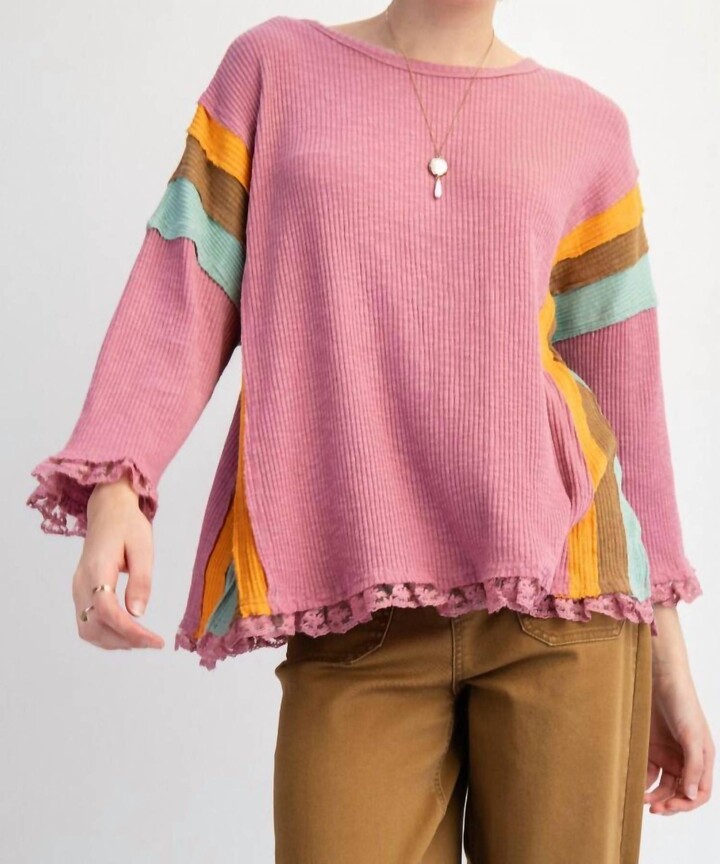 Easel Block Rib Knit Top With Lace Bottom Hem - Plus In Lipstick Pink