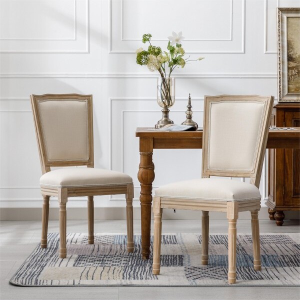 GulchesSetof2CreamFrenchStyleDiningChairsSolidWoodFramewithLinenFabricUpholsteredSeat&ErgonomicSquareBackforHome&Office