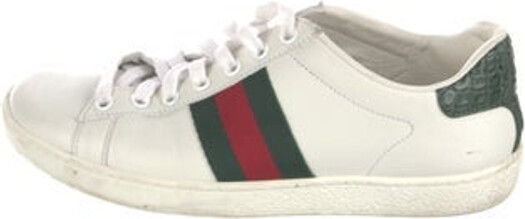 Gucci Ace Low Top Sneakers White Leather Striped Web Accent Round-Toes Lace-Up Closure at Uppers Designer