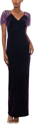 Xscape Evenings Women's V-Neck Beaded-Sleeve Velvet Gown