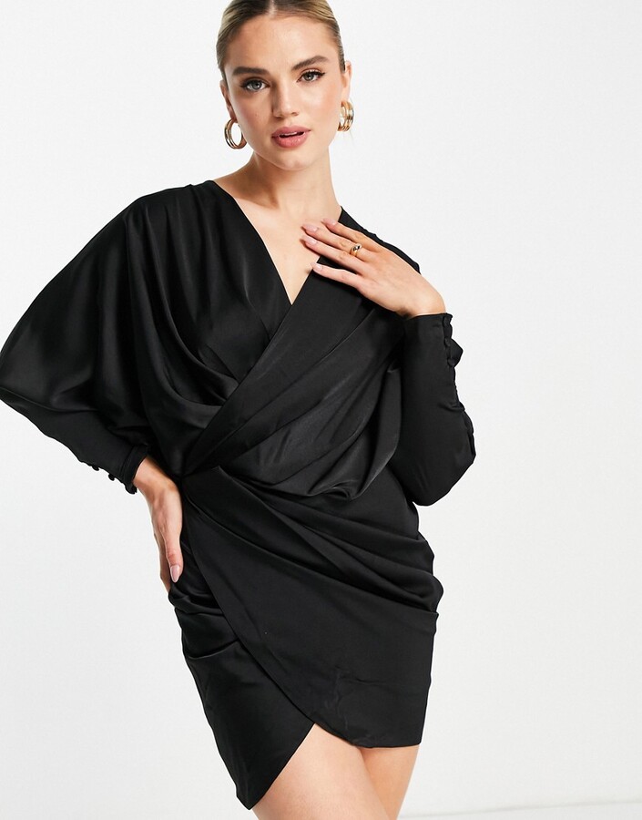 ASOS DESIGN plunge drape detail mini dress with batwing sleeve in black -  ShopStyle