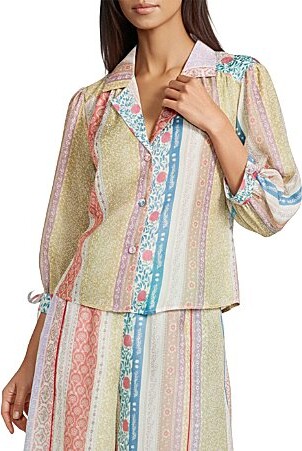 MelloDay Coordinating Patchwork Print Organza Notched Spread Collar 34 Sleeve Boxy Button Front Top