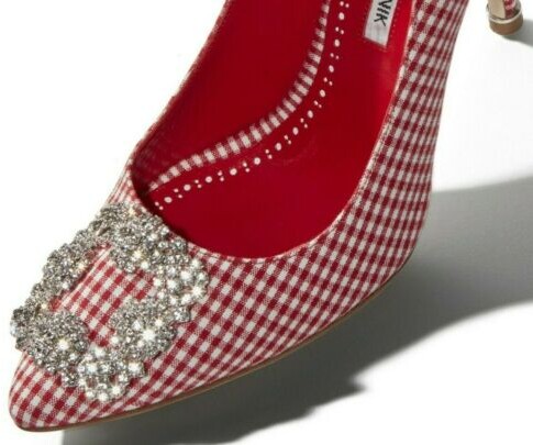 $995 New Manolo Blahnik Hangisi 105 Red Gihgham Jeweled Buckle Pumps 39 39.5 40