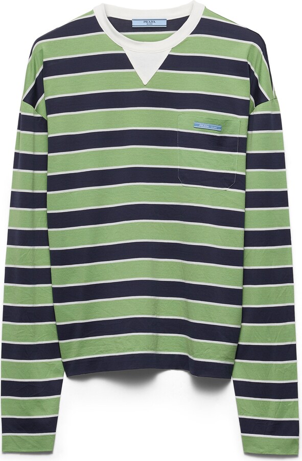 Prada Long-sleeved Bayadere Striped Lisle Cotton T-shirt  Woman Blue/fern Green Size 36