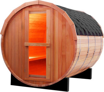 ZONEMEL Indoor and Outdoor Barrel Sauna Room with Asphalt Shingle Roof, Red Cedar Wood Steam Sauna with 6KW Harvia Heater, Tempered Glass, Mostly for 4-6 Peop