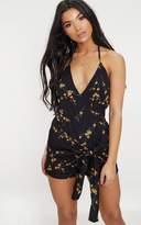 Thumbnail for your product : PrettyLittleThing Black Floral Tie Front Playsuit