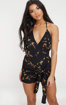 PrettyLittleThing Black Floral Tie Front Playsuit