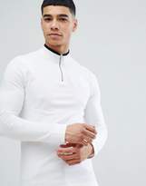 Thumbnail for your product : ASOS Design Muscle Fit Pique Long Sleeve T-Shirt With Zip Neck And Tipping In White