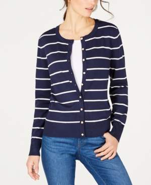 Charter Club Faux-Pearl-Button Striped Cardigan, Created for Macy's