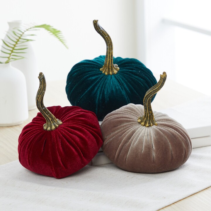 Small Emerald Velvet Pumpkins Set Of 3, Jewel Tone Wedding Decor, Burgundy Bowl Fillers, Eclectic Home, Modern Mantle, Hostess Gift
