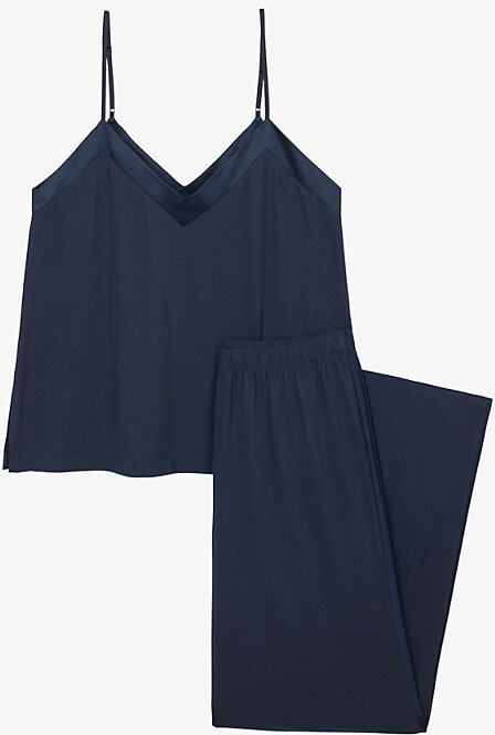 The White Company Womens Navy Satin-Trim Stretch-Jersey Pyjamas S