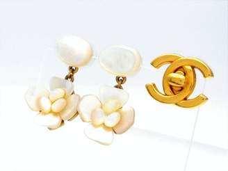 Chanel Gold Tone Metal White Shell Flower Dangle Stud Earrings