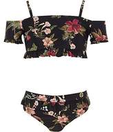 Thumbnail for your product : River Island Girls black floral frill sleeve bikini set