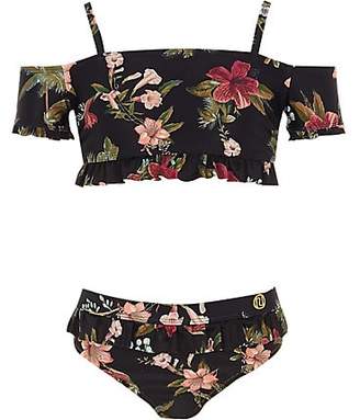 River Island Girls black floral frill sleeve bikini set