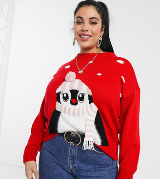 New Look Plus New Look Curve Penguin Christmas Jumper in Red