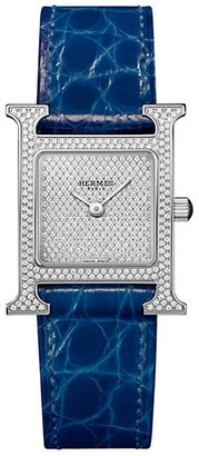 Hermes Heure H 21MM Stainless Steel, Full Diamond Pave & Alligator Strap Watch