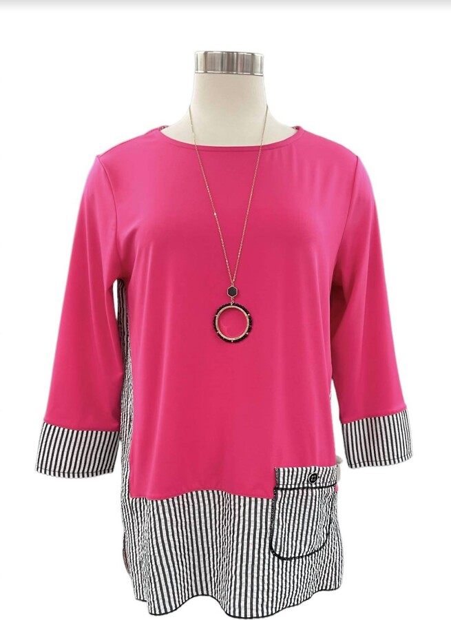 Multiples Stripe/solid Knit Pocket Top In Fuschia
