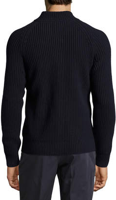 Ferragamo Gancini Cable-Knit Wool-Cashmere Zip-Front Sweater, Navy